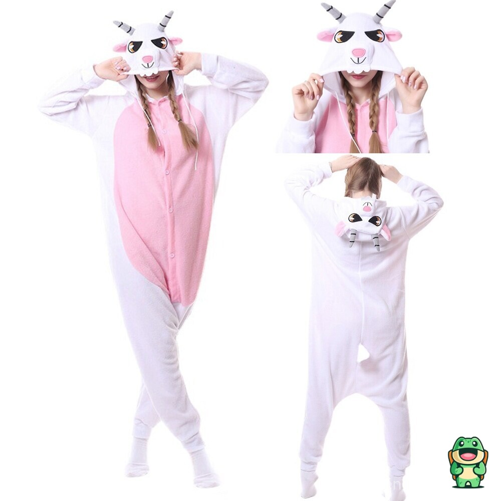 Grenouillère chèvre blanc rose adulte vue de face avec capuche