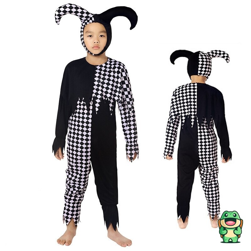 Grenouillère clown à carreaux noir et blanc enfant vue de face