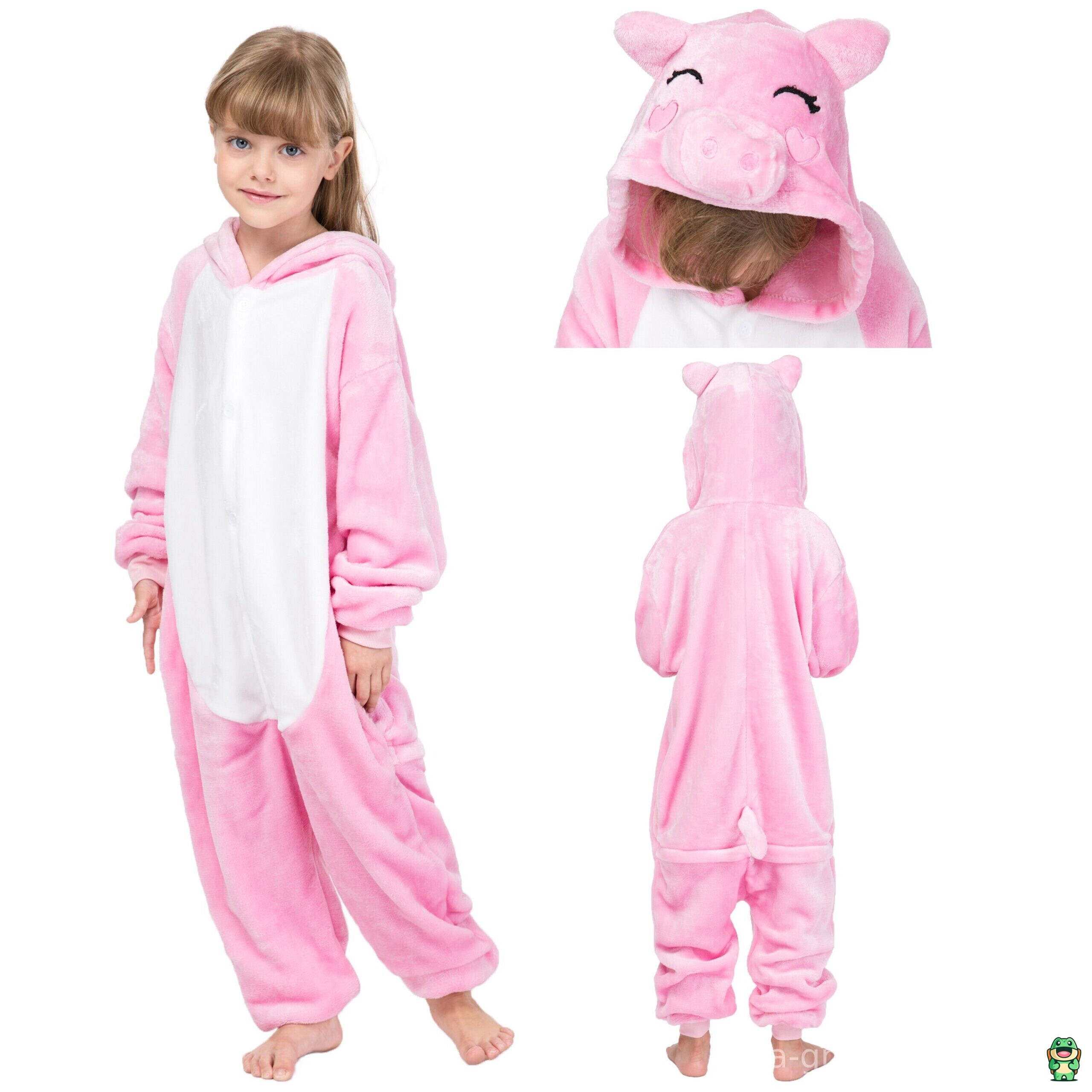 Vue de face de la grenouillère cochon rose enfant avec capuche