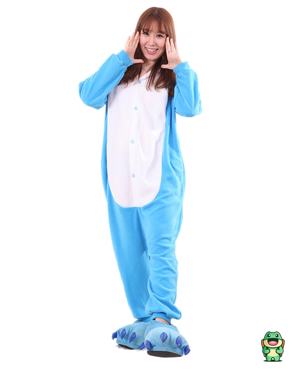 Grenouillère dinosaure bleue vue de face avec capuche à dents
