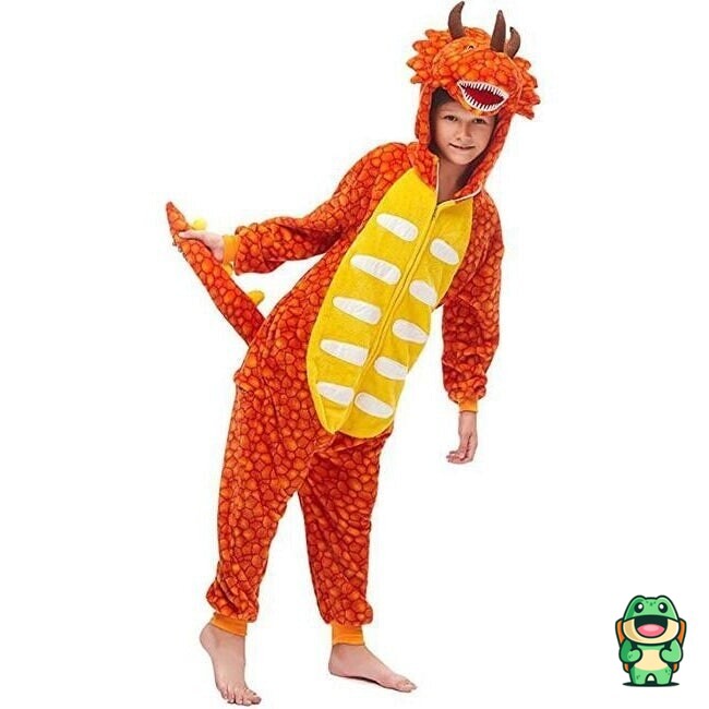 Grenouillère dinosaure orange enfant vue de face avec capuche