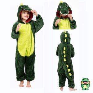 Grenouillère dinosaure verte enfant vue de face avec capuche
