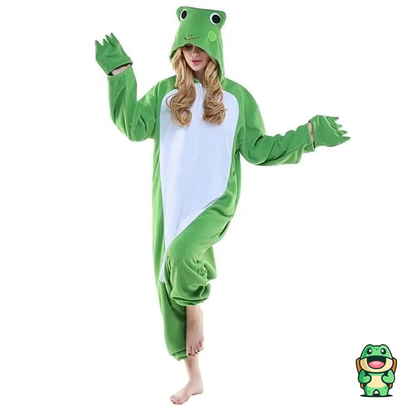 Vue de face de la grenouillère Grenouille Verte avec capuche à grands yeux