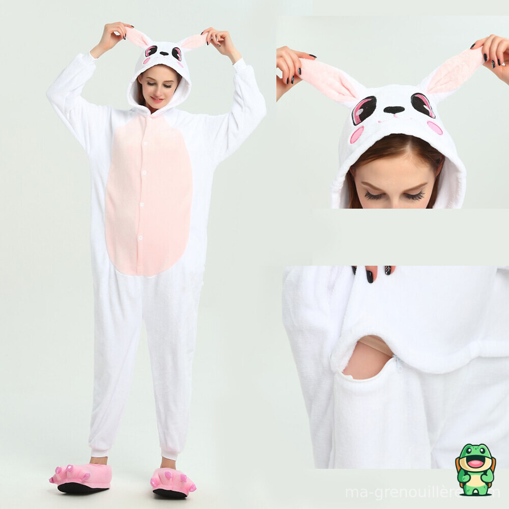 Grenouillère lapin blanc rose vue de face avec yeux noirs ovales