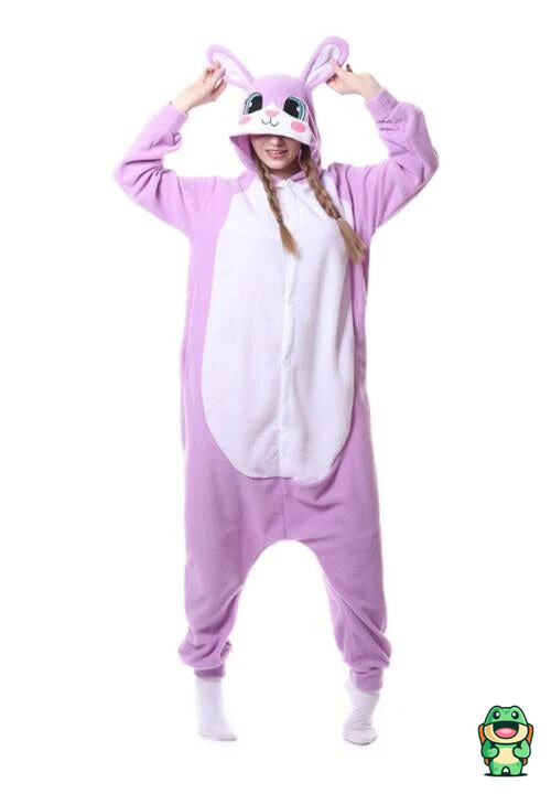 Grenouillère lapin violette vue de face avec capuche à oreilles