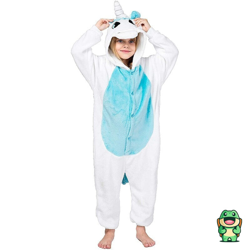 Vue de face de la grenouillère licorne blanc et bleu fille