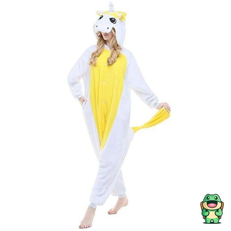 Vue de face de la grenouillère licorne blanc et jaune