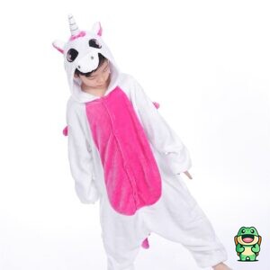 Vue de face de la grenouillère licorne enfant blanche et rose à corne argentée