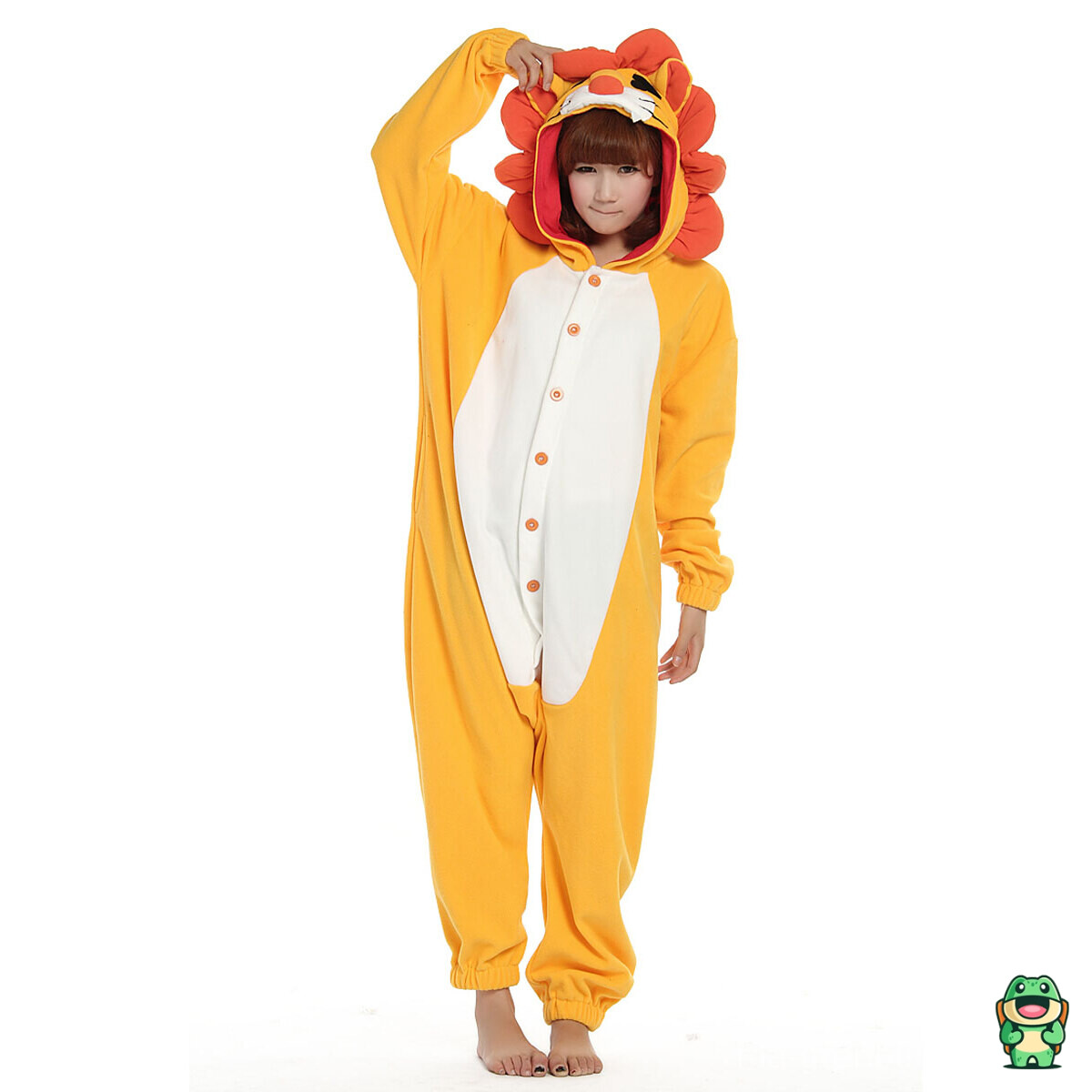 Grenouillère lion jaune vue de face avec capuche à crinière orange