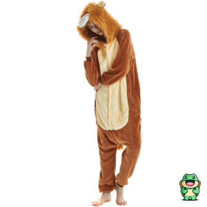Vue de face de la grenouillère lion marron avec capuche crinière