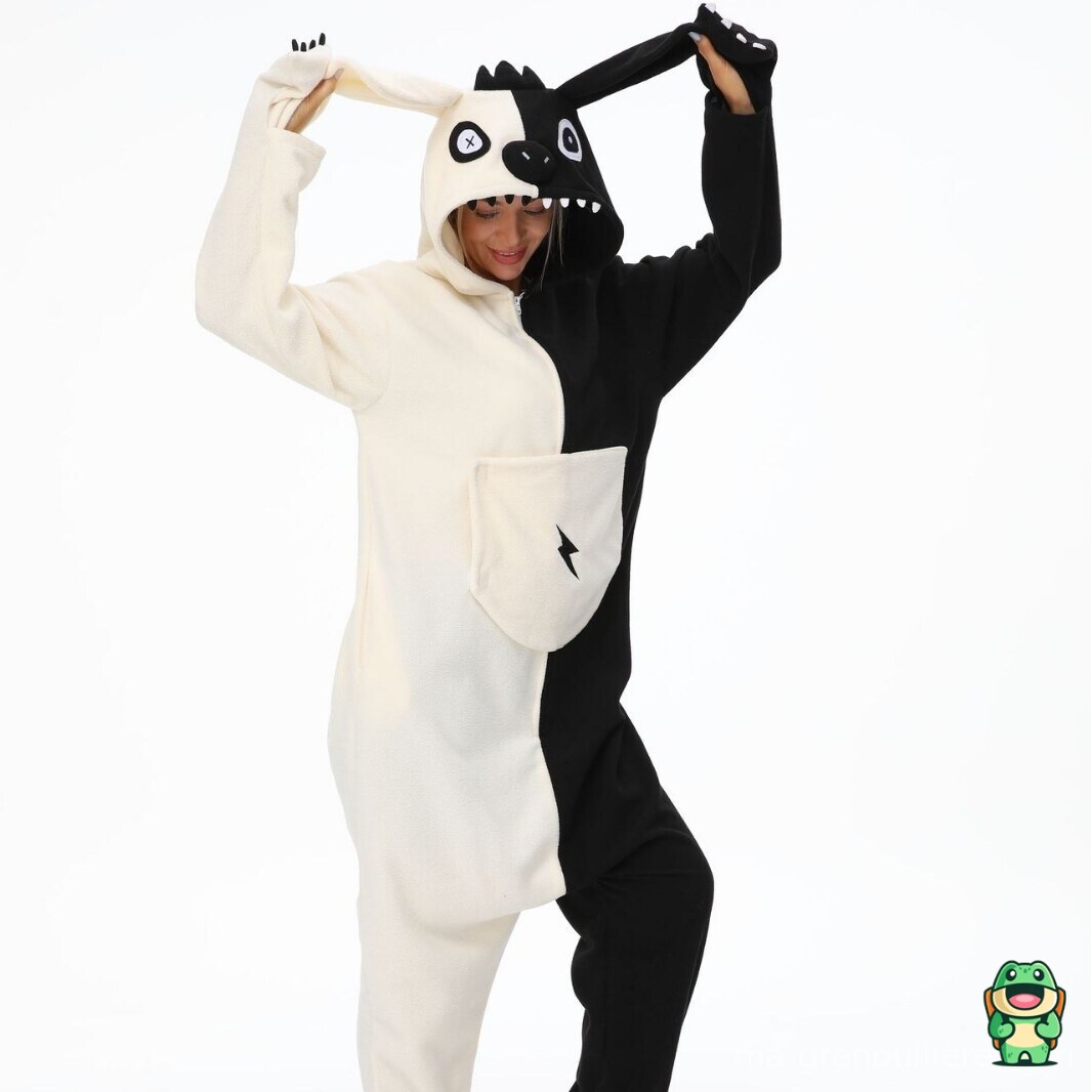 Capuche de la grenouillère Monokuma noire avec détails du personnage