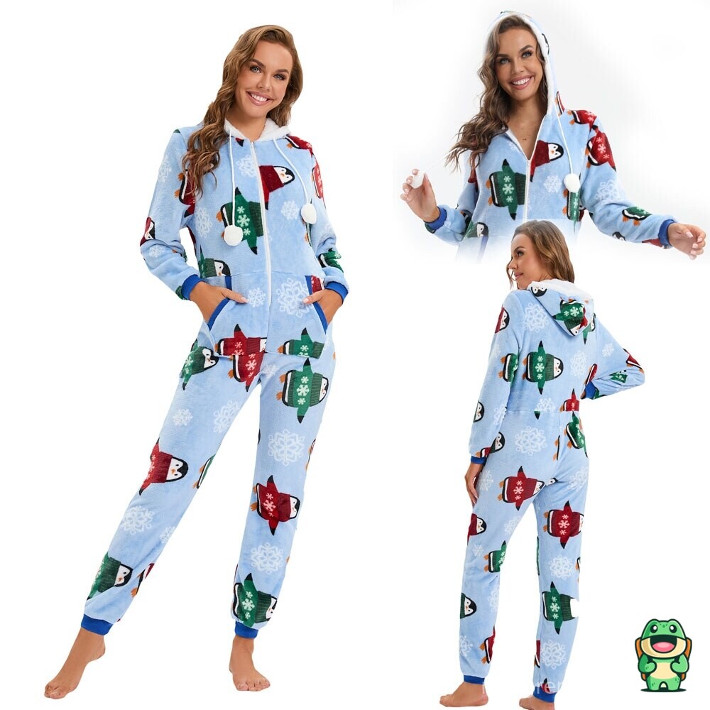 Vue de face de la grenouillère noël bleu adulte