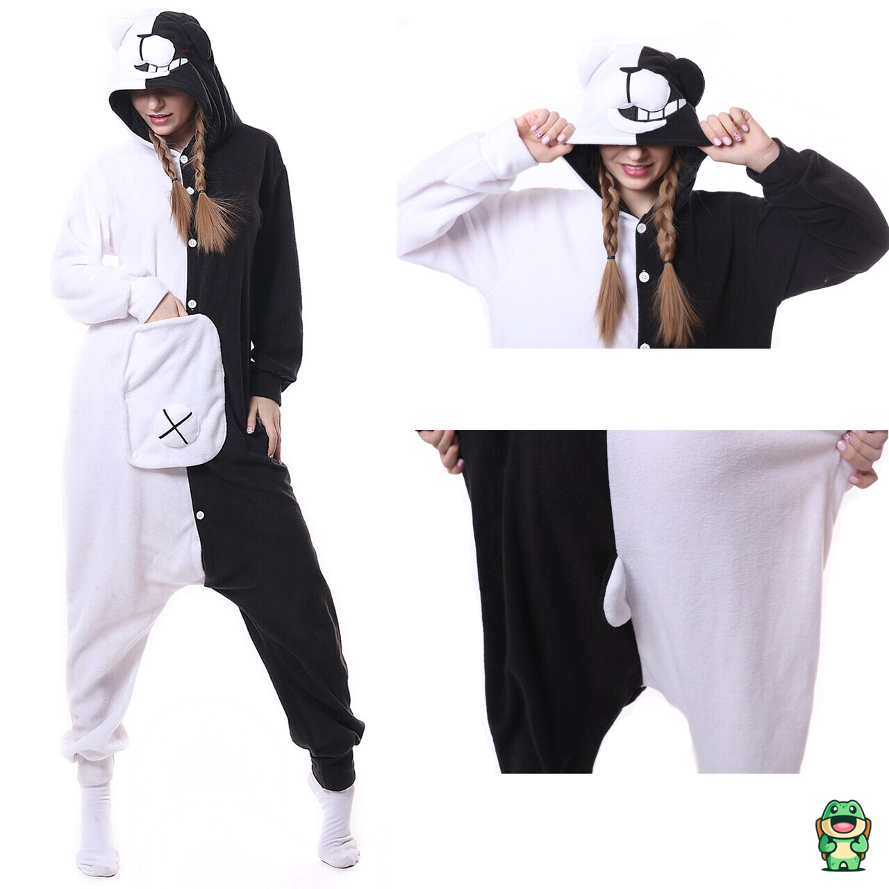 Vue de face de la grenouillère ours Monokuma noire et blanche