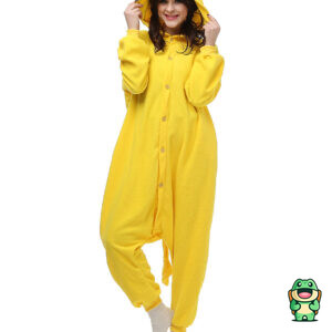Vue de face de la grenouillère Pikachu jaune avec capuche à oreilles
