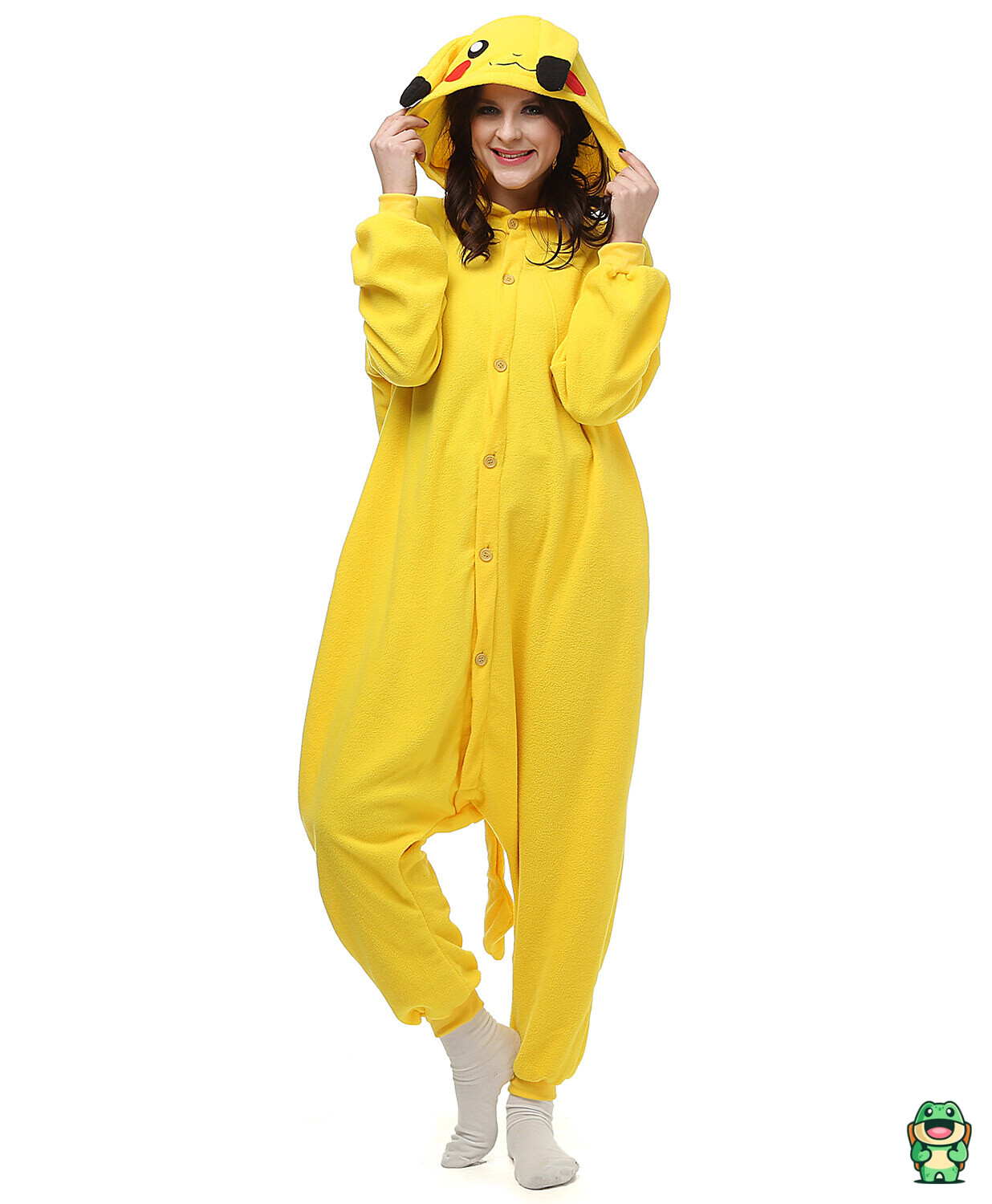 Vue de face de la grenouillère Pikachu jaune avec capuche à oreilles