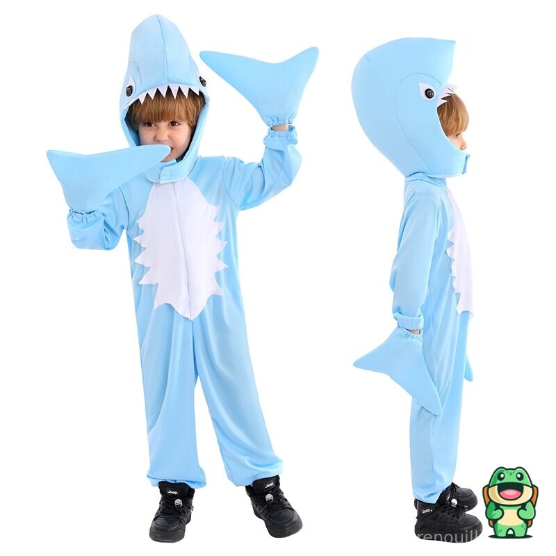 Vue de face de la grenouillère requin enfant bleue avec ventre blanc dentelé