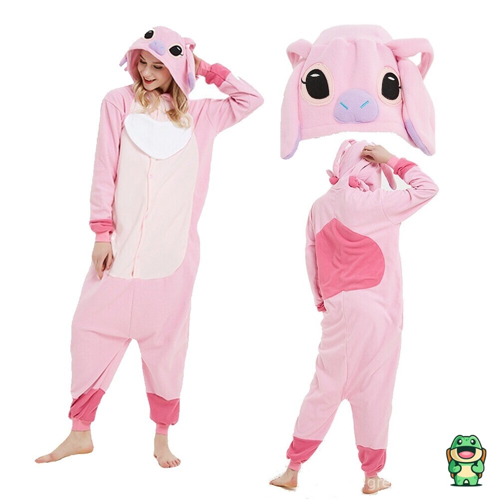 Vue de face de la grenouillère Stitch rose pâle adulte