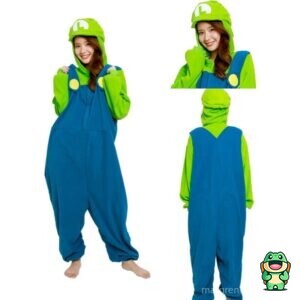 Vue de face de la grenouillère Super Mario Bros Luigi adulte verte