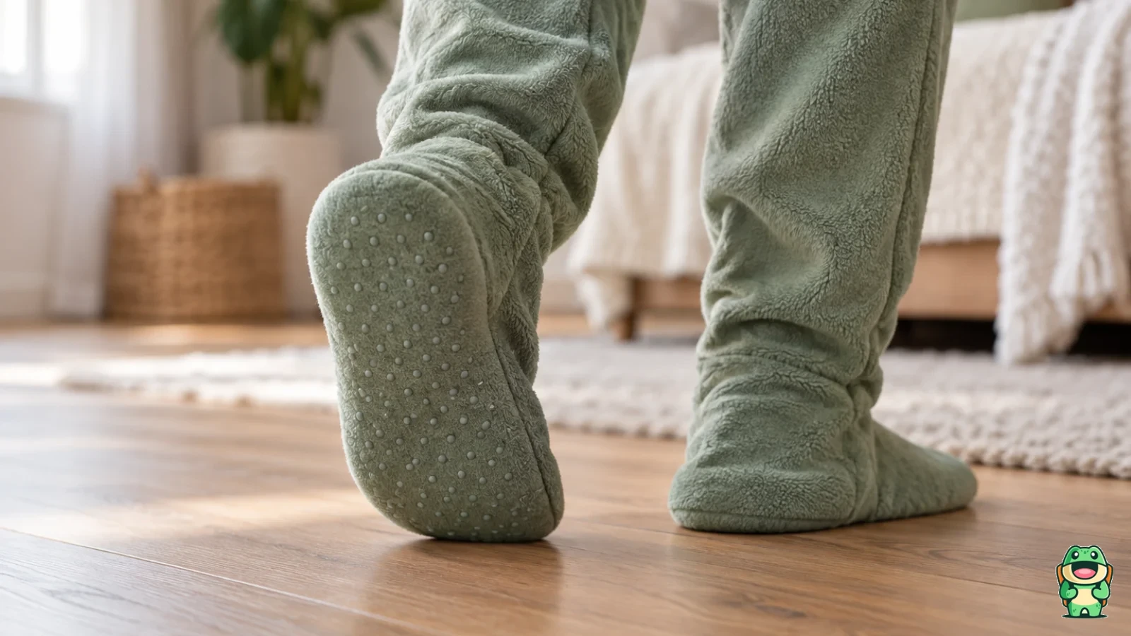 Dessous à picots d’une grenouillère à pieds souple sur un parquet