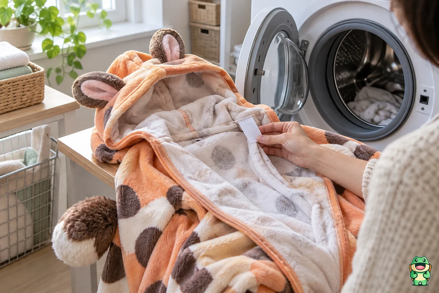 Étiquette d’entretien vérifiée sur un kigurumi orange retourné devant un lave-linge