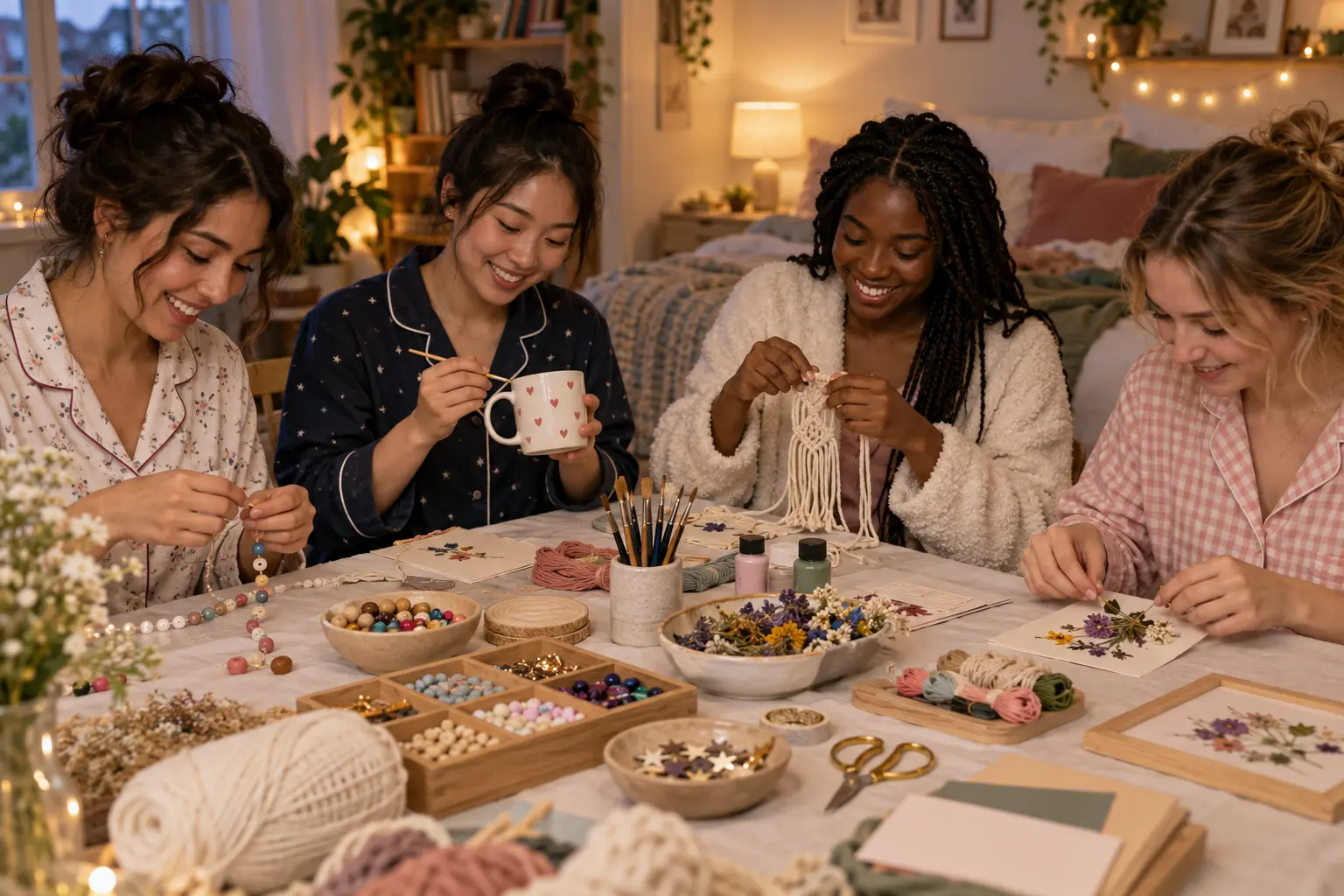 Invités en pyjama réunis autour d’une table pour un atelier créatif