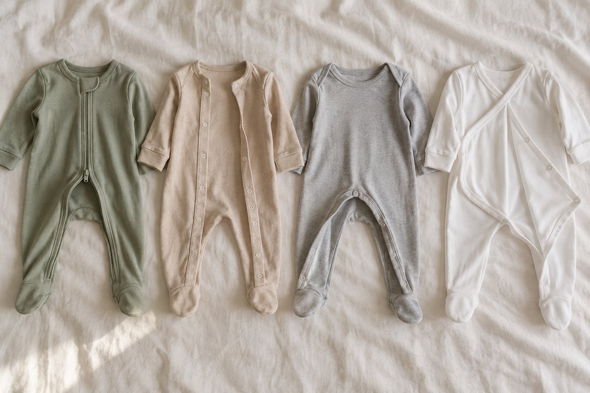 Quatre grenouillères bébé ouvertes à plat : double zip, pont, pressions d'entrejambe, kimono