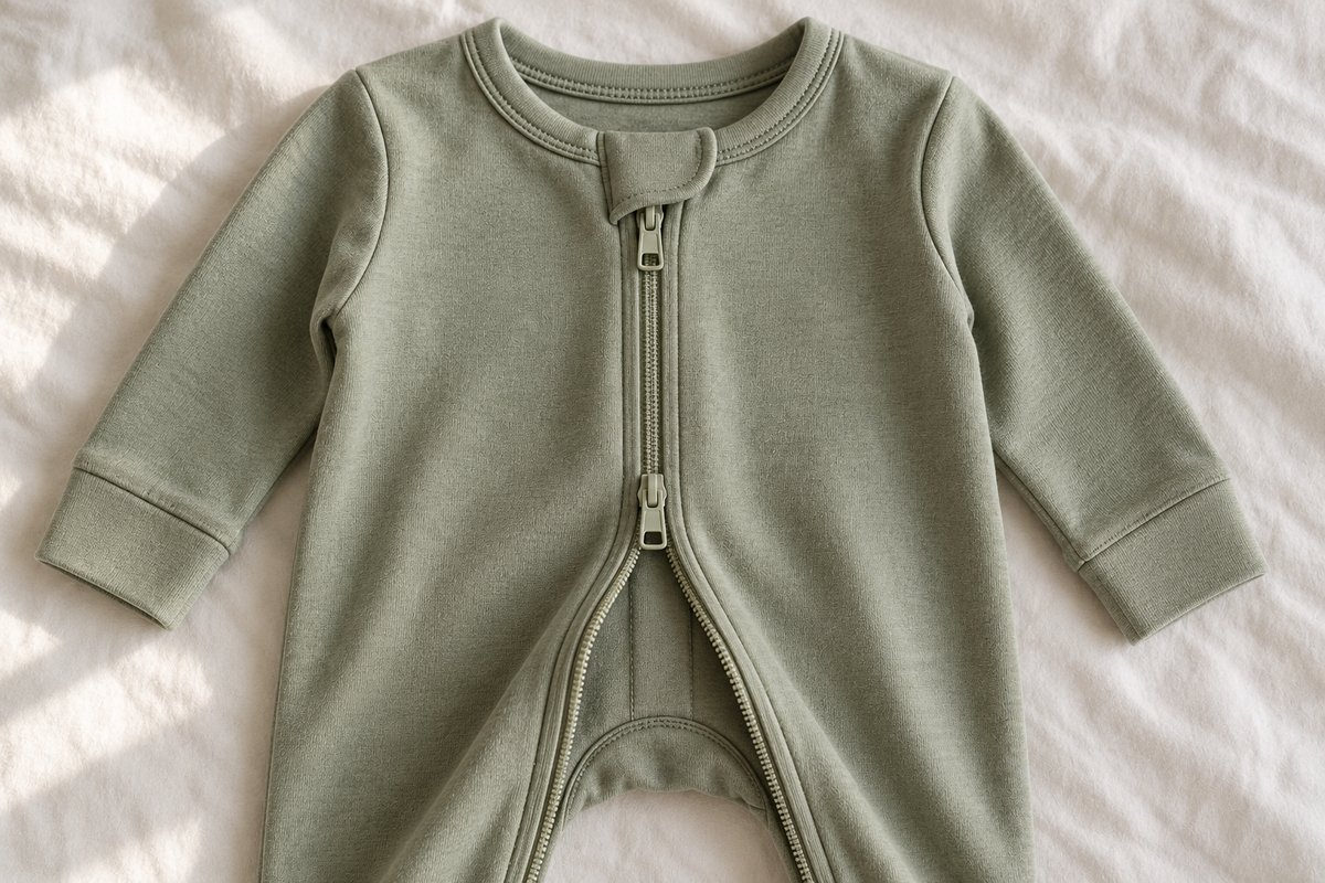 Gros plan d'un double zip de grenouillère bébé ouvert par le bas avec protège-menton