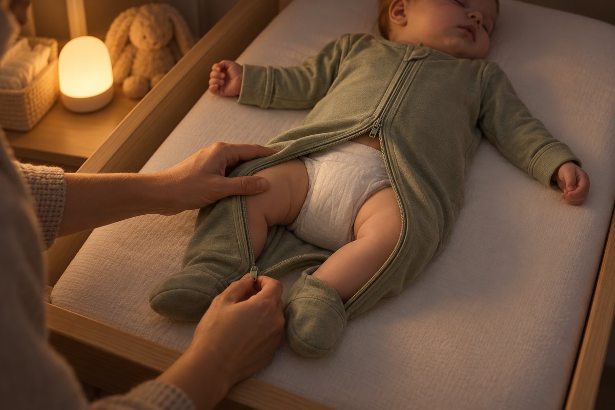 Change de nuit d'un bébé endormi en grenouillère ouverte seulement par le bas