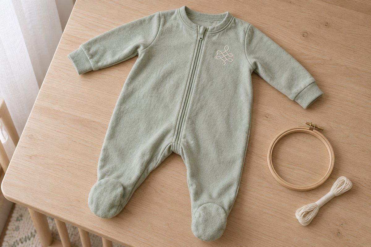 Grenouillère bébé en flanelle vert pâle avec prénom brodé sur la poitrine gauche