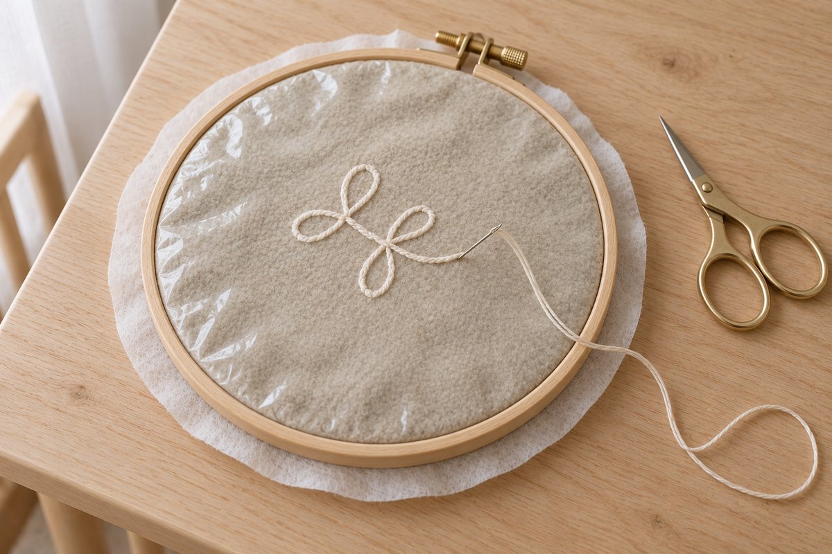 Polaire beige tendue au tambour avec film topping transparent et lettres brodées
